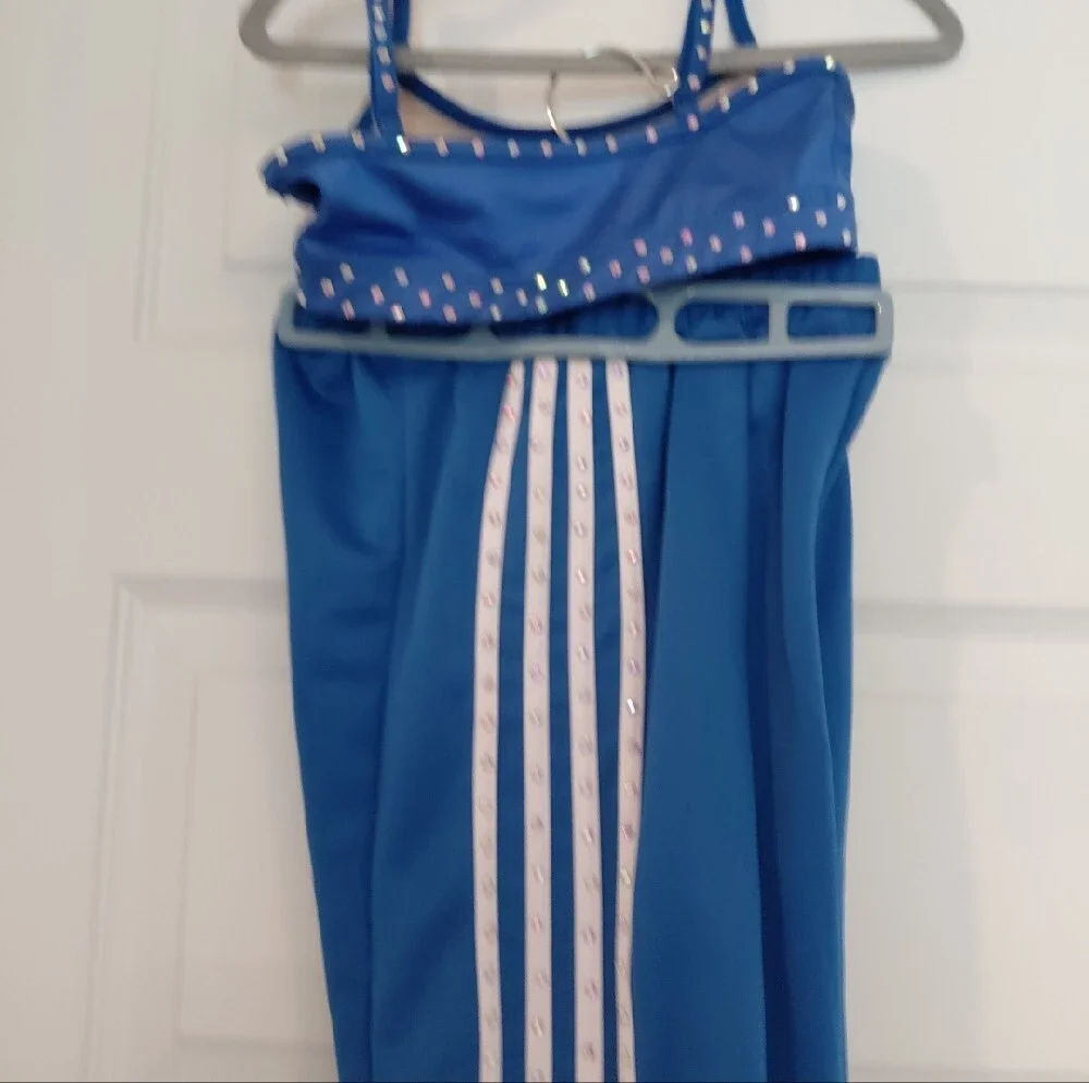Blue Two-Piece Dance/Active Set with White Trim And AB Stoning